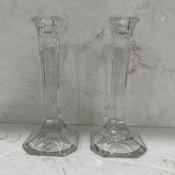Vintage MCM Mikasa Clear Crystal Candle Holders Set of Two, 7” Austria, Elegant - Picture 2 of 9